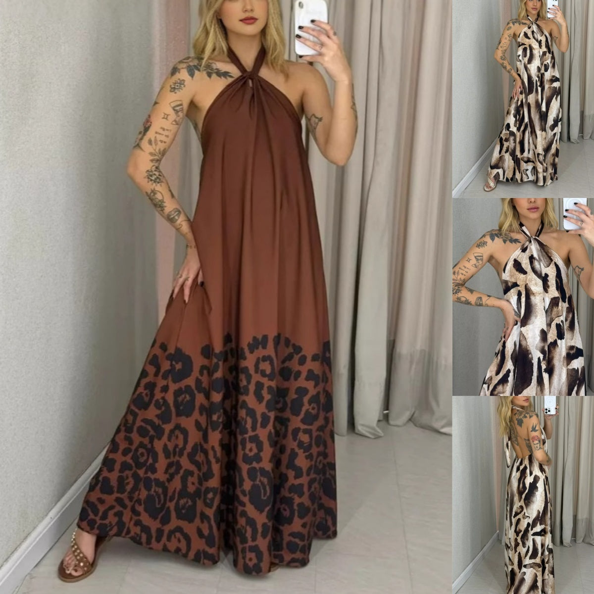 Neckholder Maxi Kleid aus bedrucktem Chiffon mit Glitzerstreifen