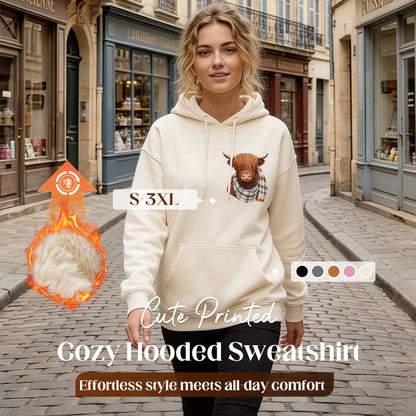 🐮 50 % RABATT!!🎁 Niedliches, kuscheliges Kapuzensweatshirt mit Fleecefutter und Highland-Kuh-Motiv