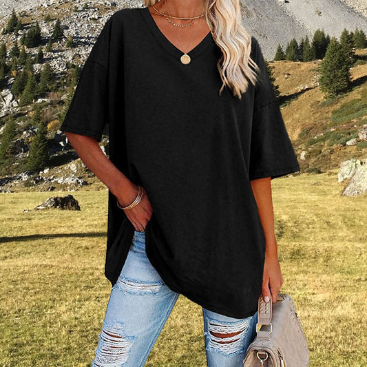 2025 Neues Frauen V-Ausschnitt Lose Passform Kurzarm T-Shirt