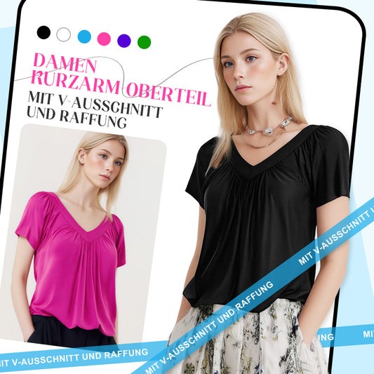 Lässiges Damen-Top mit plissiertem V-Ausschnitt und kurzen Ärmeln
