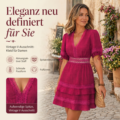 Damenkleid mit V-Ausschnitt, Spitze und gestuften Rüschen