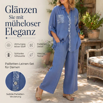 Set aus Pailletten-Bluse und Hose mit weitem Bein für Damen