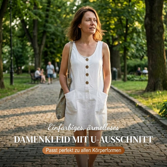 👗Einfarbiges, ärmelloses Baumwoll-Leinen-Kleid mit U-Ausschnitt für Damen