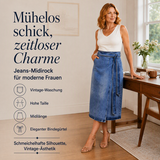 ✨🛍️Neuzugang – Vintage-Denim-Wickelrock – Verstellbarer Verschluss mit Schleife an der Seite und vielseitige Midi-Länge, sowohl für den Tag als auch für den Abend geeignet