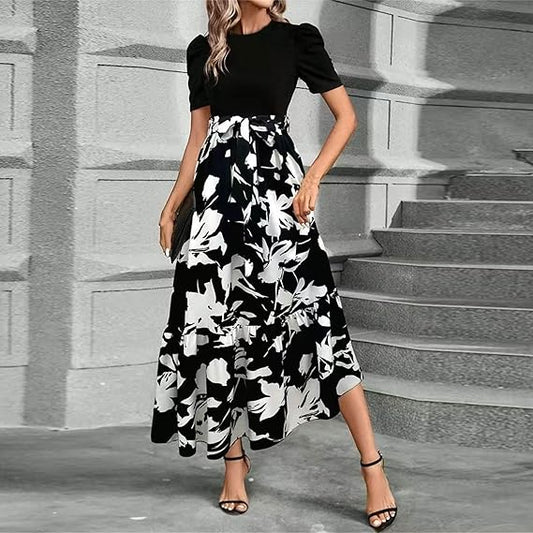 🌸Frühjahrsangebote 50% OFF🌸Damen Sommer Kleid mit hoher Taille Kurzarm Rundhalsausschnitt Floral