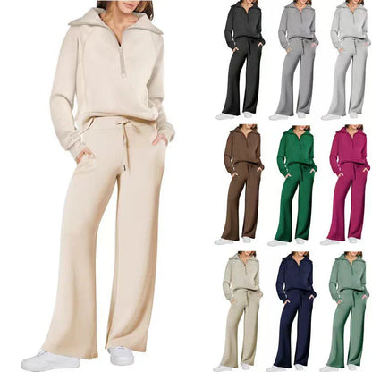 🔥Damen-Loungeset aus 2 Teilen mit Oversize-Schnitt, halbem Reißverschluss und weitem Bein