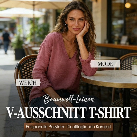 Damen-Oberteil aus Baumwoll-Leinen mit V-Ausschnitt