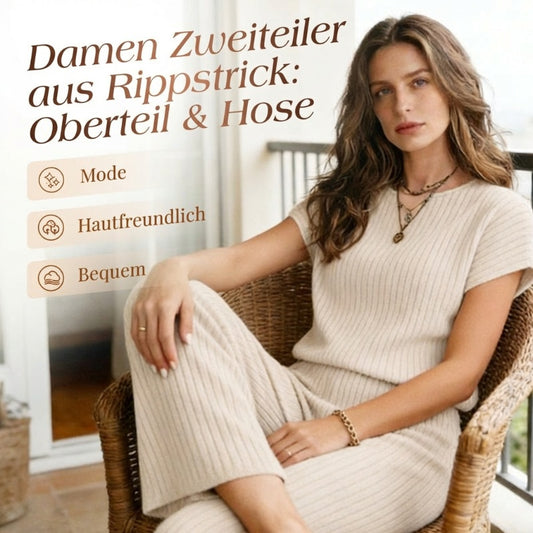 Damen Zweiteiler aus Rippstrick: Oberteil & Hose mit weitem Bein