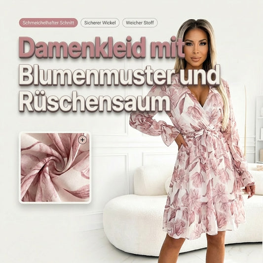 Romantisches Damenkleid mit Blumenmuster und Rüschensaum
