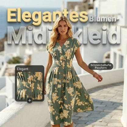 Damen-Midikleid mit V-Ausschnitt, Blumenmuster und Knopfleiste