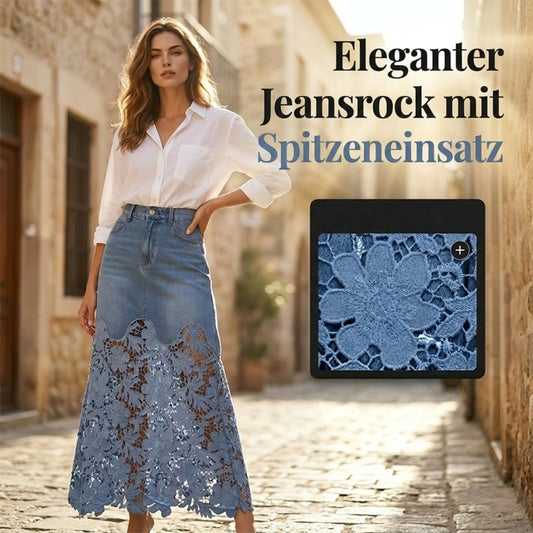 Eng anliegender Jeansrock für Damen mit durchbrochener Spitzenborte