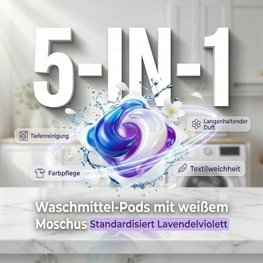 🌸🧺 5-in-1 Waschmittelkapseln mit weißem Moschus – entfernt Flecken & schont Fasern ✨💧 80 Stück, langanhaltend frisch, ideal für Haushalt & Reise.