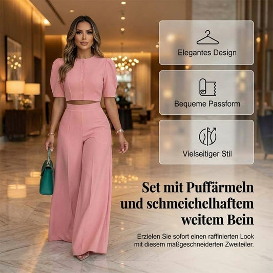 Elegantes Set: Crop-Top mit Puffärmeln & Hose mit weitem Bein