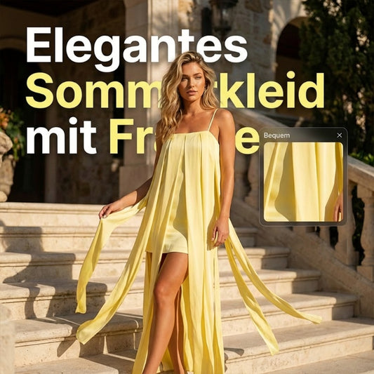 Damen Kleid mit quadratischem Ausschnitt, Spaghettiträgern und Quasten