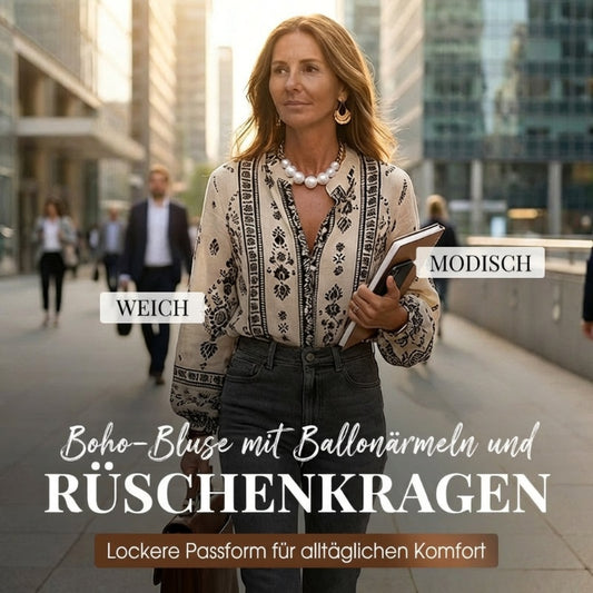Damen Boho-Bluse mit Ballonärmeln und Rüschenkragen