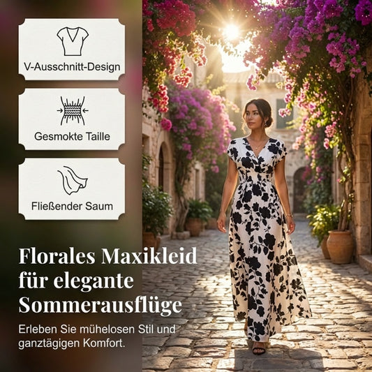 Maxikleid mit Blumenmuster, V-Ausschnitt und geraffter Taille