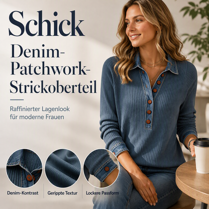 Langärmliges Patchwork-Strickoberteil für Damen mit Jeanskragen