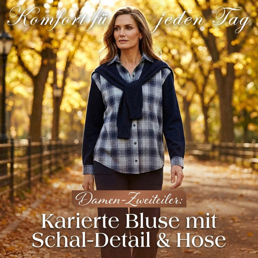 Lässiger Damen-Zweiteiler: Karierte Bluse mit Schal-Detail & Hose