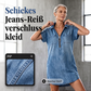 👗Lässiges Jeanshemdkleid für Damen, locker geschnitten, mit Reverskragen, kurzen Ärmeln, Reißverschluss und Taschen
