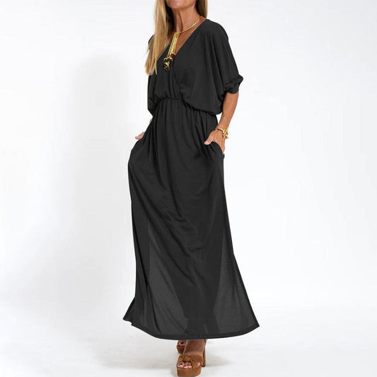 🎁 2025 Early Summer Hot Sale 🎁Elegantes Maxikleid mit hoher Taille und V-Ausschnitt in Uni-Farbe