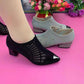 Atmungsaktive Mesh-Schuhe für Damen mit mittelhohem, dickem Absatz und Strassverzierungen