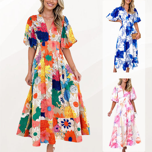 💖Florales Maxikleid mit Puffärmeln in A-Linie
