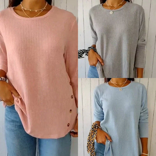 💥50 % RABATT 👚Lässiges, langärmliges, einfarbiges T-Shirt mit Knöpfen für Damen