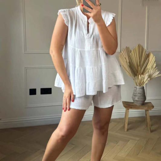 🌼49% Rabatt 🩷Damen-Set aus Shorts und Top mit Rüschen aus Käsetuch
