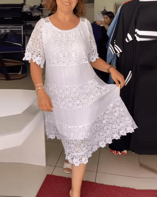 💕Einfarbiges Kleid mit kurzen Ärmeln und Spitze