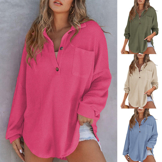 💥Frühherbst-Specials 50% Rabatte🥰Lockeres einfarbiges Waffelstrickhemd für Damen