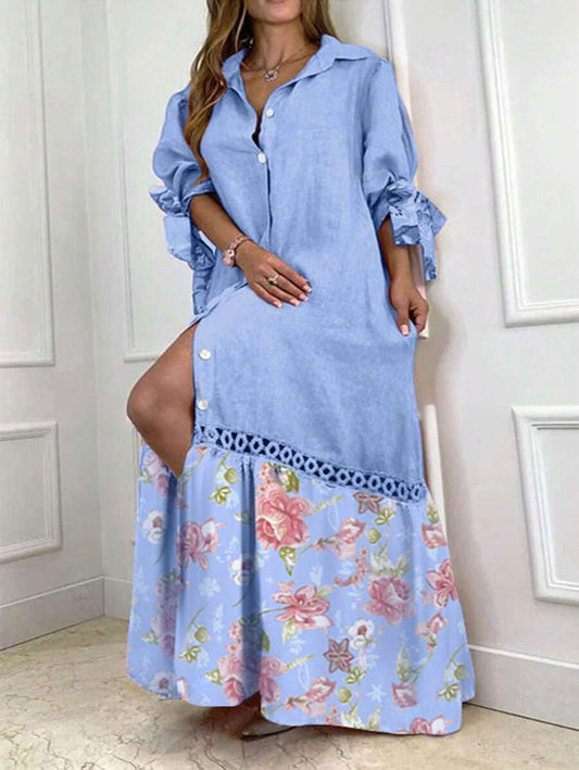 LUNE Frauen Casual Lace Patchwork Floral Printed Ärmel Manschette Band Gürtel Hemdkleid (Zufallsdruck)