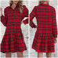 Weihnachtliches kariertes Kurzkleid mit Hemdkragen für Damen
