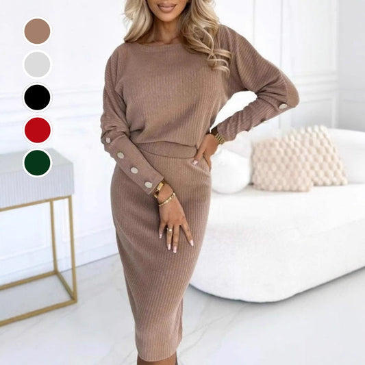 Zweiteiliges Set für Damen mit geripptem Strickoberteil ＆ Rock