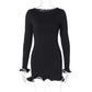 Einfarbiges, langärmliges Rüschenkleid für Damen
