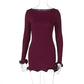 Einfarbiges, langärmliges Rüschenkleid für Damen