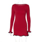 Einfarbiges, langärmliges Rüschenkleid für Damen