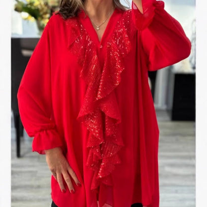 🔥 60% RABATT! 💃 Damen Chiffon-Shirt mit V-Ausschnitt – Langärmlig, Paillettenbesetzt & Elegant für Abendoutfits ✨👚📦