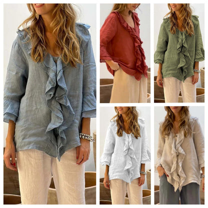 💞Heißer Verkauf 50% Rabatt🔥Bluse mit Rüschenkragen und Glockenärmeln für Damen