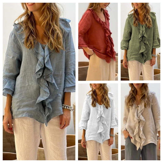 💞Heißer Verkauf 50% Rabatt🔥Bluse mit Rüschenkragen und Glockenärmeln für Damen