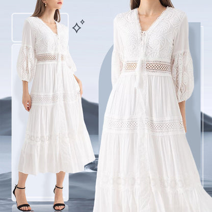 ❤️🎉Bequeme Urlaubskleider👗👉Weißes Boho-Midikleid mit V-Ausschnitt🌿🏖️