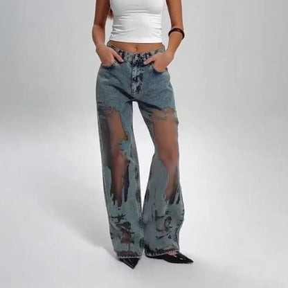 💥Damen-Jeans mit Vintage-Mesh-Patchwork-Print👖