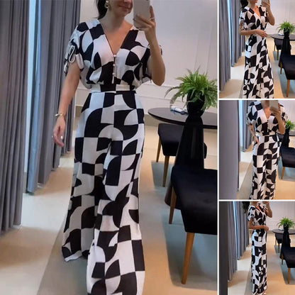 Damen Jumpsuit mit V-Ausschnitt, weitem Bein und geometrischem Druck