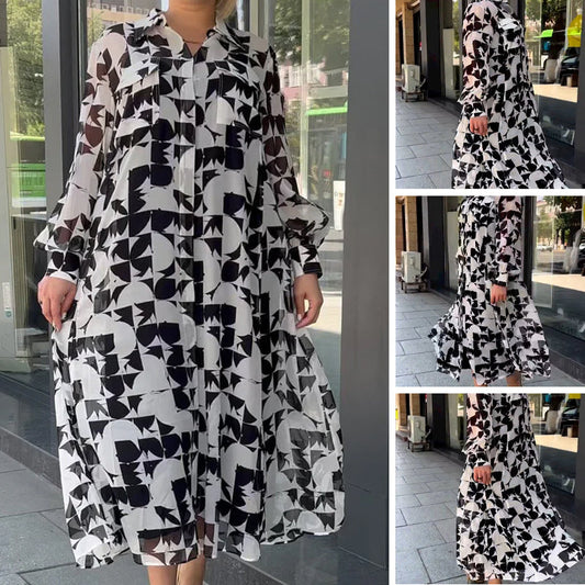 Damen elegantes Kleid mit abstraktem Muster und fließendem Schnitt