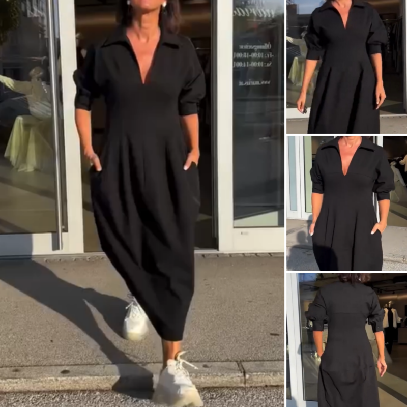 Damen-Midikleid Mit V-Ausschnitt & Schößchen | Jacquard-Stoff, 3/4-Ärmel, Für Büro & Festliche Anlässe