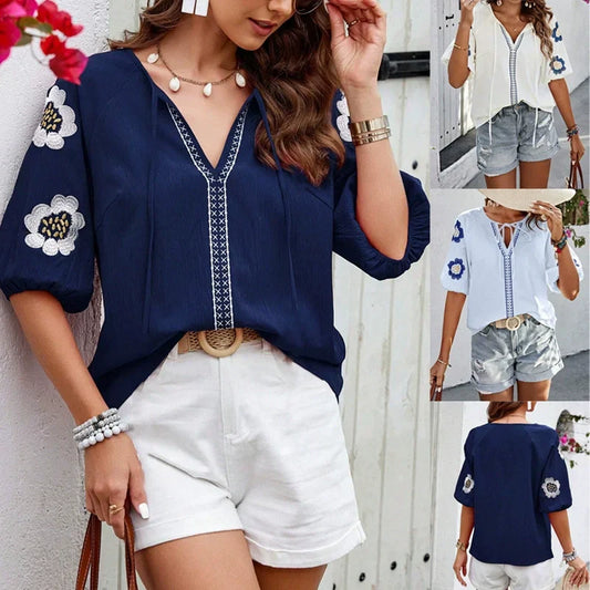 Elegante Bluse mit V-Ausschnitt und Blumenstickerei für Damen