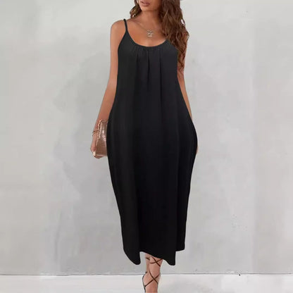 🍃Tief ausgeschnittenes Kleid mit Rundhalsausschnitt und lockerem Spaghetti-Träger
