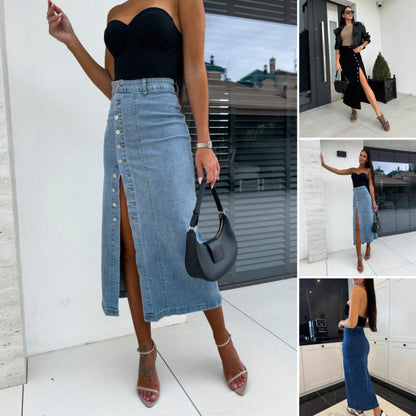 Stilvoller Denim-Bodycon-Rock mit Knopfleiste und Schlitz