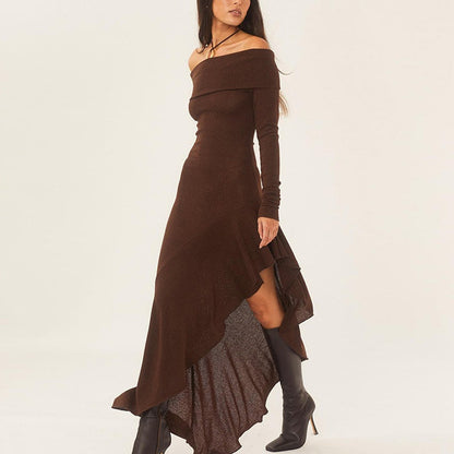 Temperament Off Shoulder Langarm Unregelmäßiger Saum Stretch Maxikleid