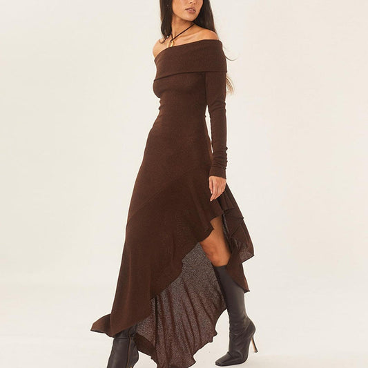 Temperament Off Shoulder Langarm Unregelmäßiger Saum Stretch Maxikleid