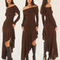 Temperament Off Shoulder Langarm Unregelmäßiger Saum Stretch Maxikleid